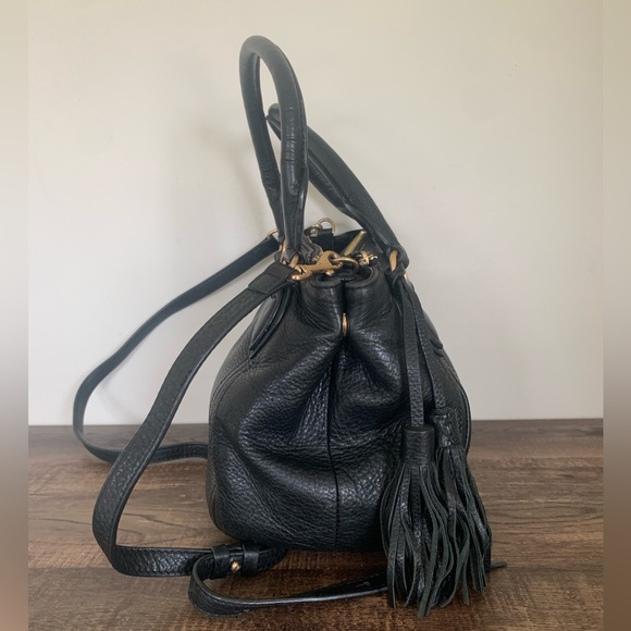 J Crew Leather Hobo Black Handbag Shoulder Bag Doctor Style Fringe Crossbody